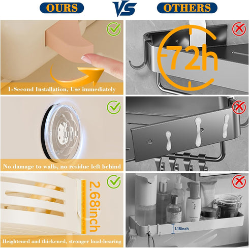 2Pack Corner Shower Caddy Suction Cup, No-Drilling Hanging Suction Shower Shelves with Hooks, Waterproof & Rustproof