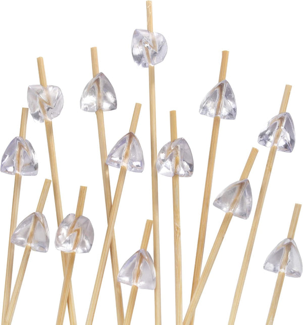 BambooMN 5.9" Decorative Acrylic Clear Gem End Bamboo Cocktail Picks, 100 Pcs for Events & Parties