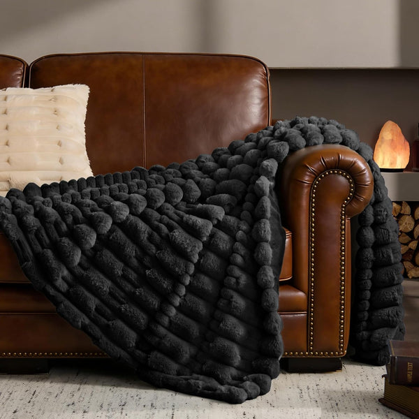 BEDELITE Faux Fur Black Throw Blanket for Couch - Super Soft &