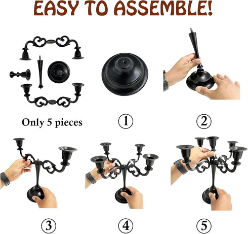 Rely+ 5 Arm Matte Black Candelabra, 10 Inch Tall Taper Candle Holders for Indoor Kitchen Décor, Gothic Home Decor