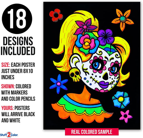 Super Pack of 18 Fuzzy Velvet Coloring Posters - Kids Themed Day of the Dead Halloween Crafts Activity