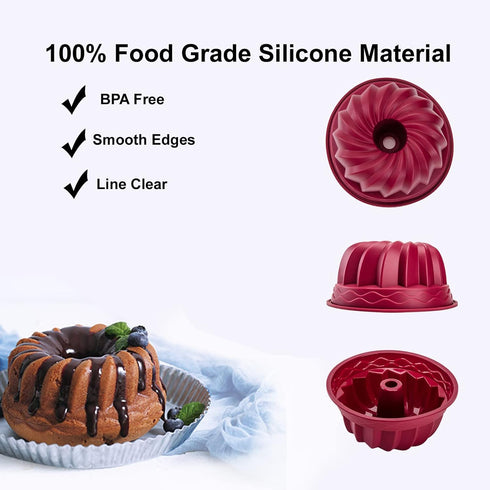 Nalchois 4 Inch Silicone Mini Bundt Cake Pan Set of 4, Nonstick BPA Free Molds for Baking, Oven Safe Fluted Tube