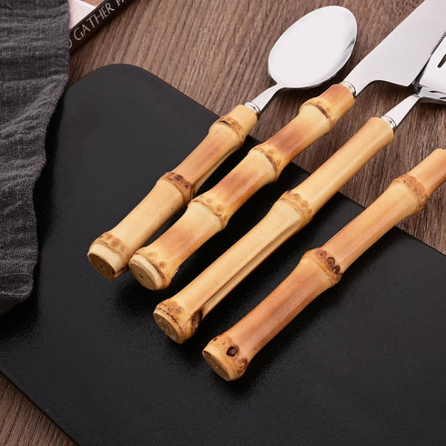 8-Piece Natural Bamboo Dinner Spoon Set, Stainless Steel Spoons with Bamboo Handle, Mirror Polished for Home Kitchen
