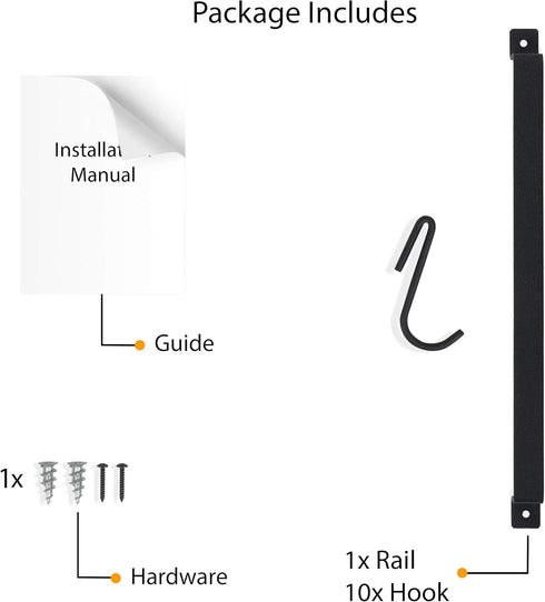Wallniture Gourmet Kitchen Rail with 10 Hooks, Wall Mounted Utensil Holder Rack, Black