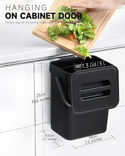 Countertop Compost Bin - 1.3 Gallons Hanging Small Trash Can with Lid for Kitchen Bathroom, Under Sink Kitchen Trash Can, Indoor Counter Compost Bucket with Lid, 5L(Black) by MONGTINGLU