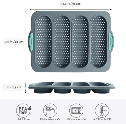 Non-Stick Baguette Bread Pan, 4 Cavity Perforated Silicone Loaf Pan for French Bread Baking