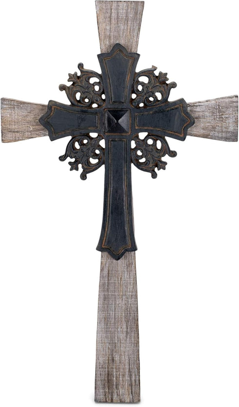 Dicksons Antiqued Double Layer Decorative Hanging Wall Cross, 15 Inch Wood and Metal
