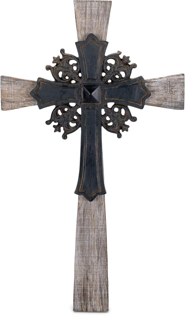 Dicksons Antiqued Double Layer Decorative Hanging Wall Cross, 15 Inch Wood and Metal