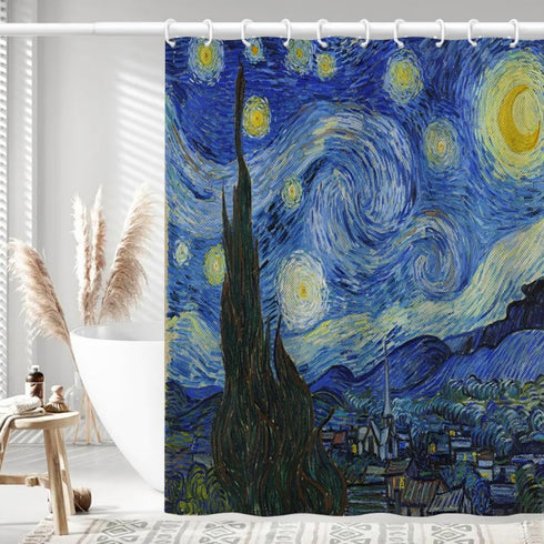 IcosaMro Starry Night Shower Curtain with Hooks, V. Gogh Stars Art Decorative Bath Decorations - 71Wx72L, Blue
