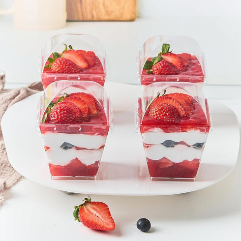 50 Pack 7 oz Zezzxu Square Dessert Cups with Dome Lids and Spoons, Plastic Pudding Cups with Lids Mini Parfait Shooter