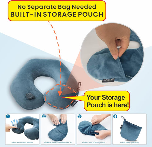 Inflatable Travel Neck Pillow - Washable U Shaped Pillowcase for Airplane, Train, Car, Office Napping