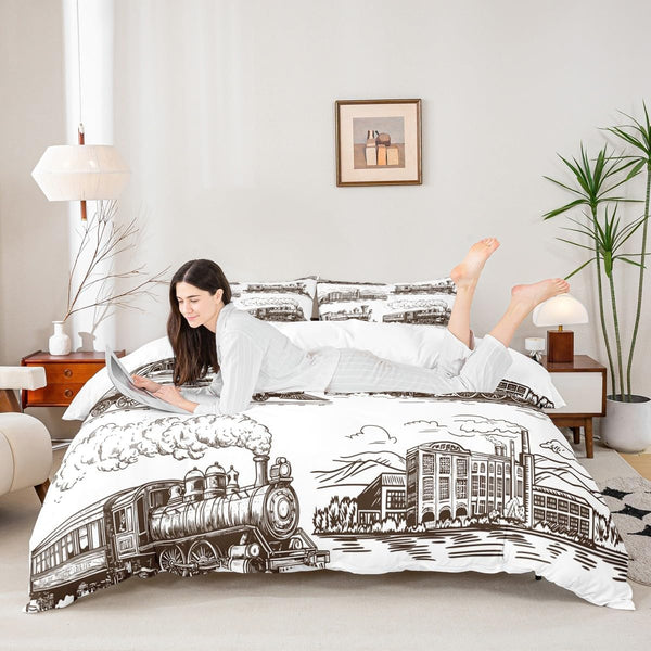 Manfei Train Duvet Cover Set Queen Size, Retro Steam Locomotive Train Bedding