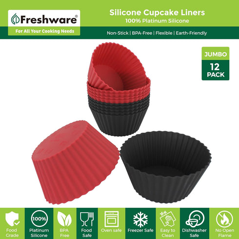 Freshware Cupcake Liners, Pack of 12 Silicone Muffin Cups, 3.8 Inch Silicone Baking Cups, Reusable & Non-stick Silicone Cupcake Liners for Party Halloween Christmas, Large Round by Freshware