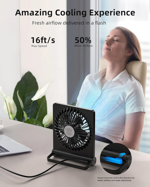 Koonie USB Fan, Strong Wind Ultra Quiet Small Desk Fan 220° Tilt Folding 3 Speeds Adjustable USB-C Corded Powered Personal Fan for Home Office Desktop Black by Koonie