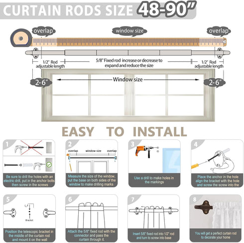 Bronze Wrap Around Curtain Rods 48 to 84 Inch, 5/8 Inch Adjustable Blackout Rod with Brackets, Room Darkening, Brown
