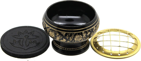Govinda Small Decorated Brass Charcoal Screen Incense Burner with Wooden Coaster
