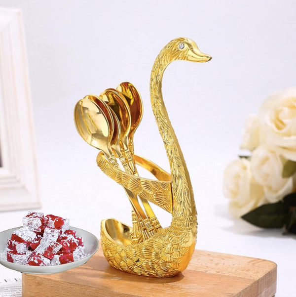 Swan Spoon Set, 7 PCS Mediterranean Mini Spoon Cutlery with Holder, Exotic Luxury Flatware, Gold
