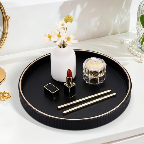 KINGFOM Round Decorative Tray for Coffee Table, PU Leather Valet Nightstand Desk Organizer for Men Women, Golden Trim