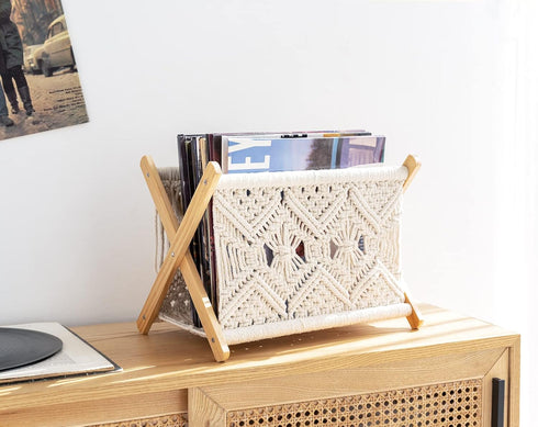 14L 10W Mkono Macrame Magazine Rack Boho Storage Holder Standing Basket for Books, Newspapers, Swaddle Blanket, Dorm