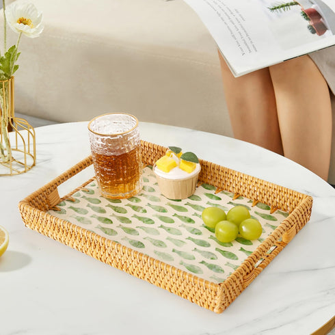 13"9") Rectangle Rattan Tray with Mother of Pearl Inlay, Rattan Serving Tray with Handle for Coffee, Bread, Fruits