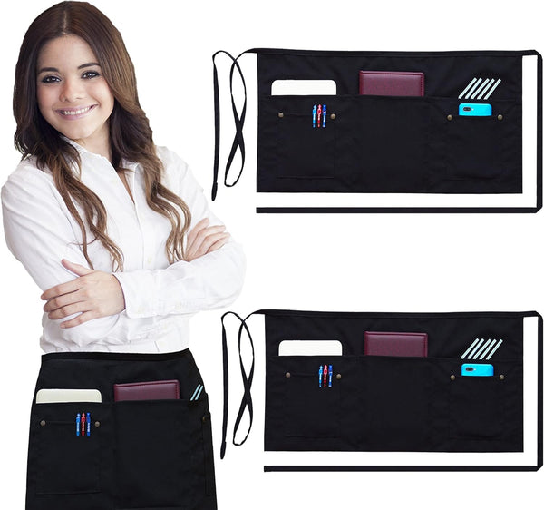 Brtex Server Aprons with 5 Pockets (2 Pack) - Commercial Grade Black Waist Aprons for Women Men, Restaurants Cafes Bars