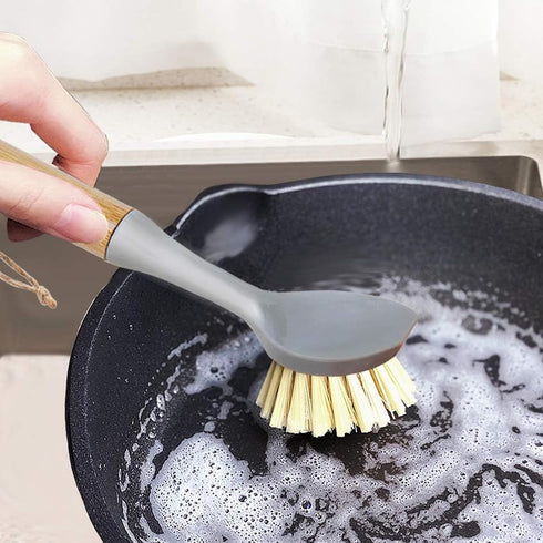 2 Pack Kitchen Dish Brush, Bamboo Handle Scrubber with Built-in Scraper, Multi-Function for Dishes, Pans, Pots
