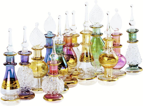 NileCart 6 Pack Egyptian Perfume Bottles - 2” Hand Blown with Handmade Golden Decoration for Oils & Essential Oils