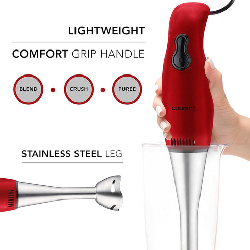 Courant 2-Speed Hand Blender w/ 200W, Stainless Steel Leg, Easy to Clean Stick Blender, Blends Purees, Smoothie, Crushes Ice - Red by Courant