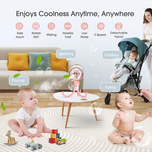100ml Ausic Stroller Fan with Mist, Misting Portable Fan for Stroller, Baby Fans with Detachable Tripod, Baby