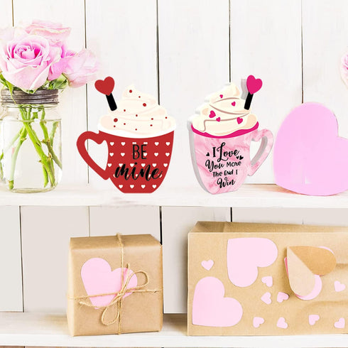 2 Pieces Double Side Wooden Coffee Sign for Valentines Day, Coffee Cup Tabletop Decoration for Holidays