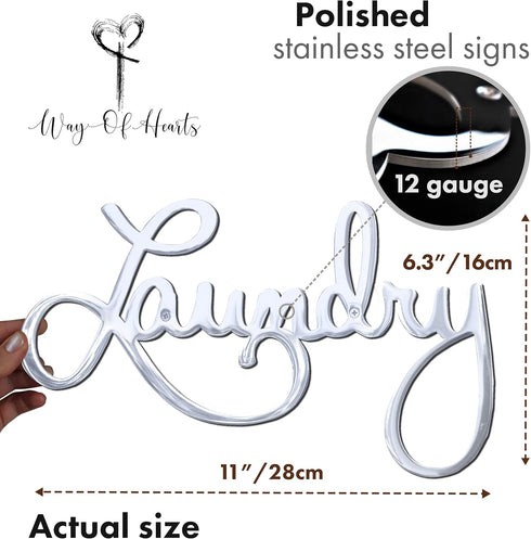 Metal Laundry Sign for Wall Decor - Silver, 11 X 6.3 Inches Hand Polished Stainless Steel with Installation Kit