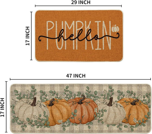 Artoid Mode Orange Buffalo Plaid Hello Pumpkin Fall Kitchen Mats Set of 2, Low-Profile Home Decor