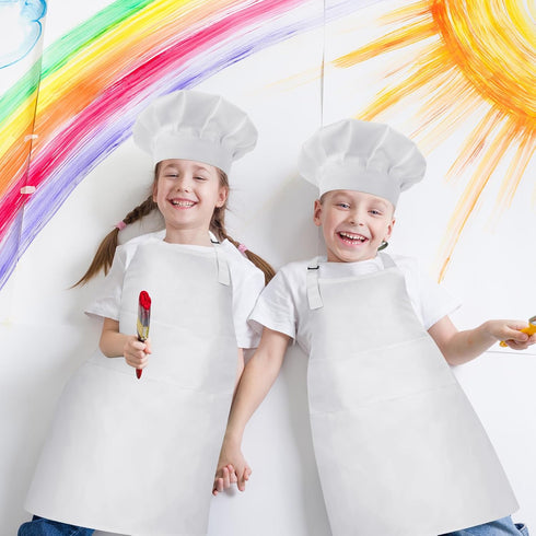 2 Pack Kids Chef Apron and Hat - Adjustable Kitchen Cooking Apron with Two Pockets for Boys and Girls