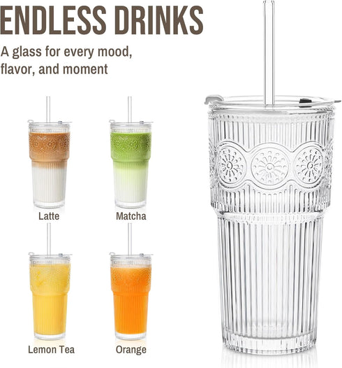 20oz Set 4 SoulTimes Ribbed & Floral Glass Tumbler of Reusable Glass Cups with Lid and Glass Straw, To-Go Iced Coffee