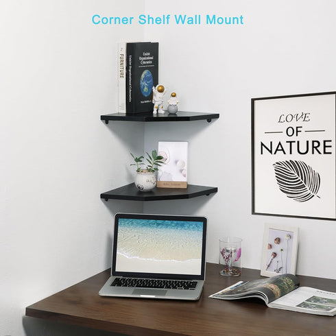 Set 2, 10 Inch) Corner Wall Shelves of Rustic Wood Corner Floating Shelves with Cable Raceway, Wall Mount Storage