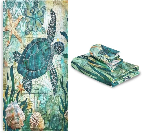 Vdsrup Set 3 Vintage Ocean Turtle Towels of Sea Starfish World Map Hand Towel Bath Towel Washcloth Soft Thin Face Guest