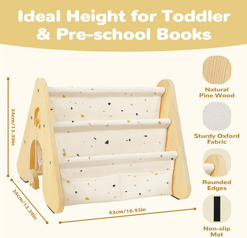 Toddlers,4 Wooden Kids Bookshelf with Double Side, Montessori Book Shelf for Tier Sling Book Rack for Baby Nursery
