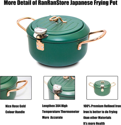 Japanese Tempura Deep Fryer Pot - Nonstick Carbon Steel Oil Fryer with Thermometer, 3.5L, Green Big Tempura Pan