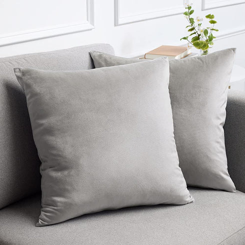 lalaLOOM Velvet Throw Pillow Covers, Set of 2 - 18x18 Decorative Square Pillows, Soft Accent Cases, Light Gray