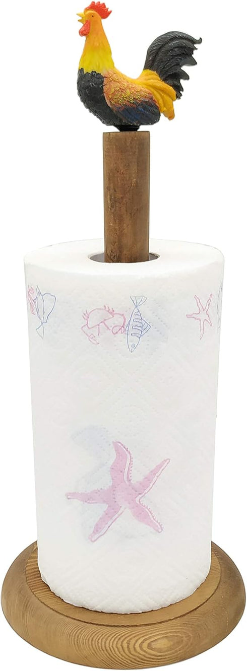 Rooster Design Rustic Brown Wood Paper Towel Holder Stand Up Paper Towel Holder, Easy One-Handed Tear Kitchen Paper
