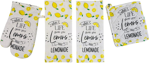 Lemon Kitchen Towels and Pot Holders Set: Colorful Printed "When Life Gives You Lemons, Make Lemonade" on 100% Cotton