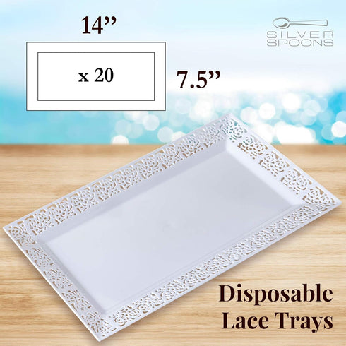 Silver Spoons Disposable Lace Trays for Upscale Wedding and Dining, 6 pc, White, 14” x 7.5”