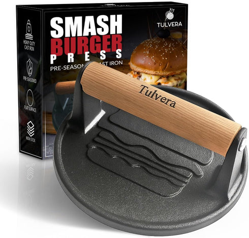 Smash Burger Press | Cast Iron Hamburger Smasher Tool | Flat-Edge Meat