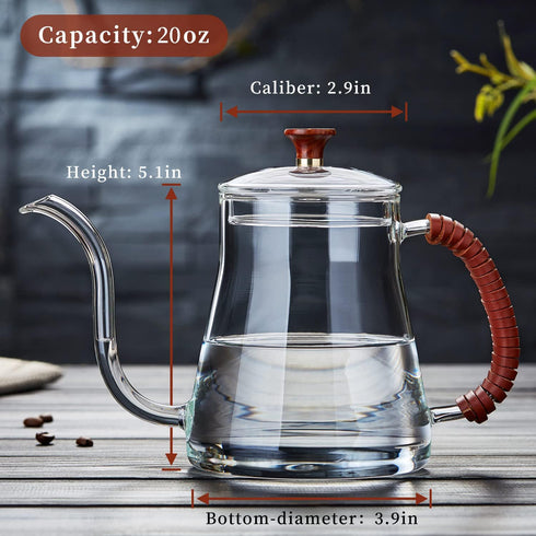 Unbreakable Gooseneck Kettle for Drip Coffee, 20OZ Glass Coffee Kettle with Lid for Stove Top