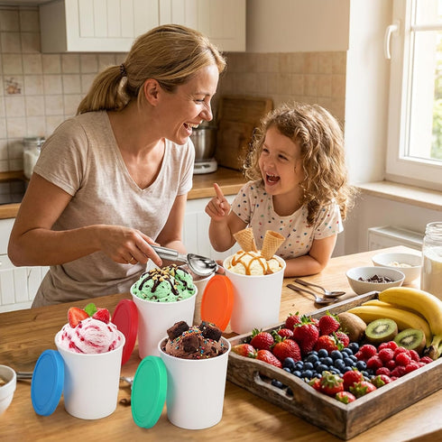 4 Pack 1 Peohud Ice Cream Containers, Quart Freezer Storage Tubs with Silicone Lids and Spoon for Ice Cream, Sorbet