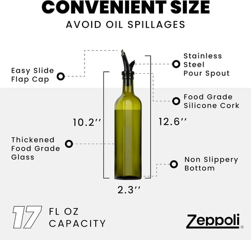17 oz Set Zeppoli Kitchen Olive Oil & Vinegar Dispenser Bottle - with Removable Dual Spouts, Pour Funnel, Stainless