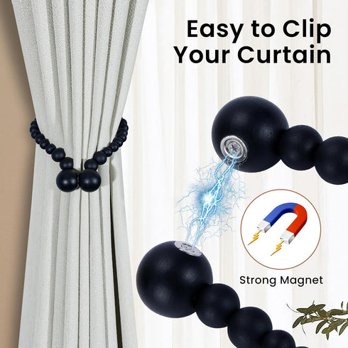 Magnetic Curtain Tiebacks, Curtain Tie Backs for Curtains 2 Pack, Wood Bead Curtain Tiebacks, Curtain Holders for Boho Bedroom Decor, Baby Nursery Decor, Farmhouse Decor