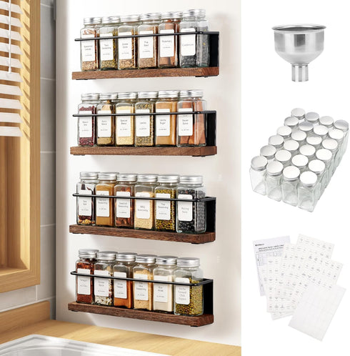 Magnetic Spice Rack with 24 Jars, 216 Labels, 1 Steel Funnel for