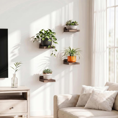 5X5 Inches Set 4, Fixwal Small Shelf for Wall, Floating Shelves of Rustic Wood Small Wall Mounted Shelves for Bedroom