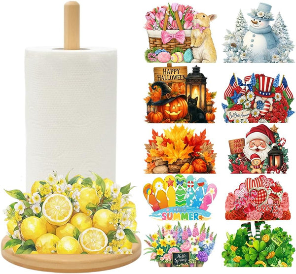 GLLZJZXC Bamboo Paper Towel Holder with 11 Set Interchangeable Holiday Signs, Rustic Kitchen